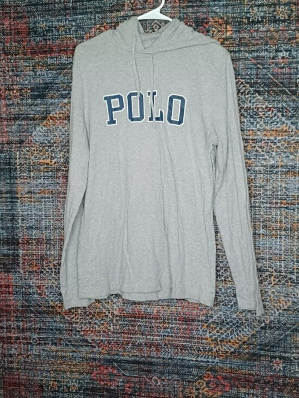 POLO Ralph Lauren mens heathered gray lightweight navy Spellout hoodie M